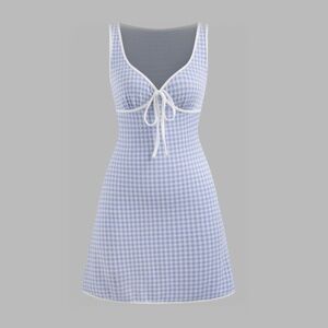 NWT - CIDER - V-NECK GINGHAM CONTRASTING BINDING KNOTTED MINI DRESS